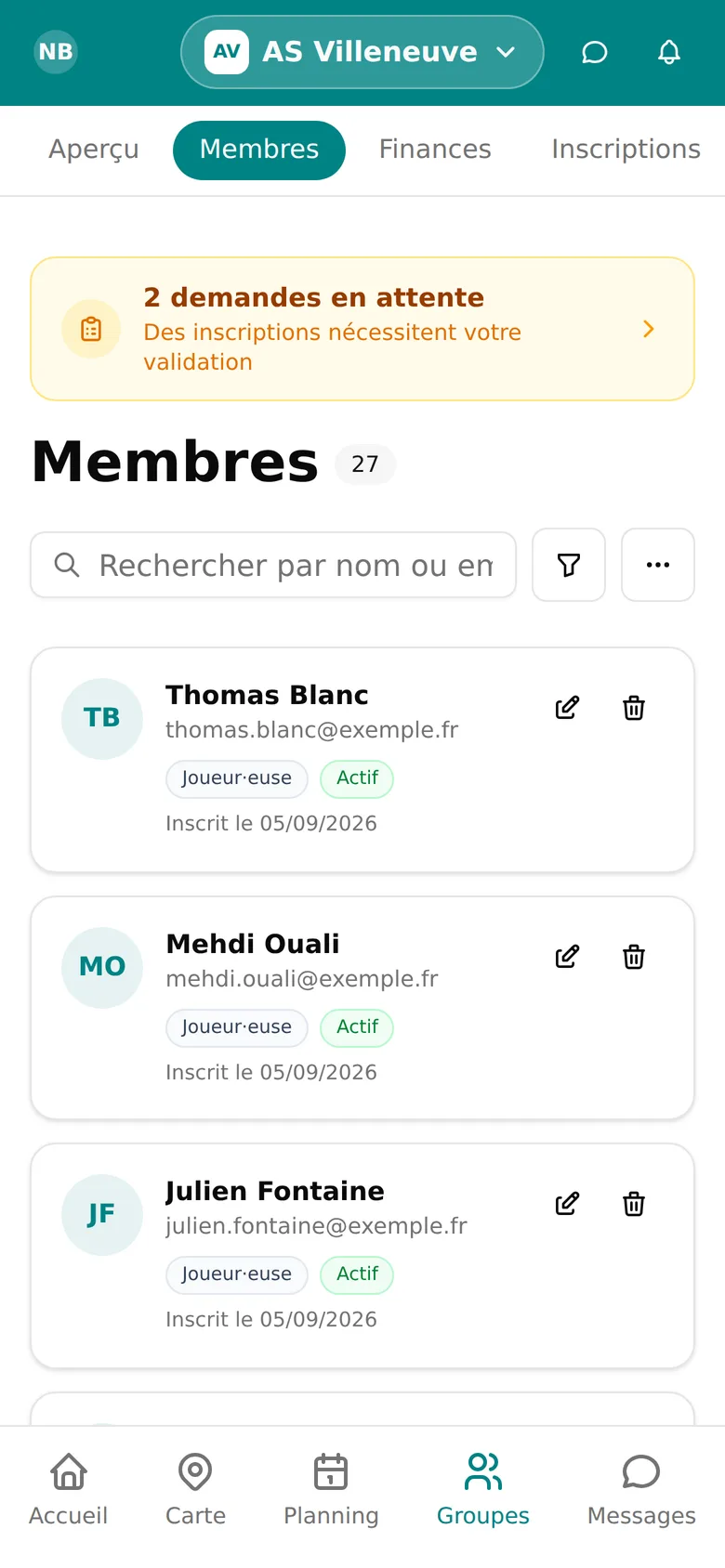 Liste des membres d'un club dans l'application WeSportive, avec leur équipe et leur rôle