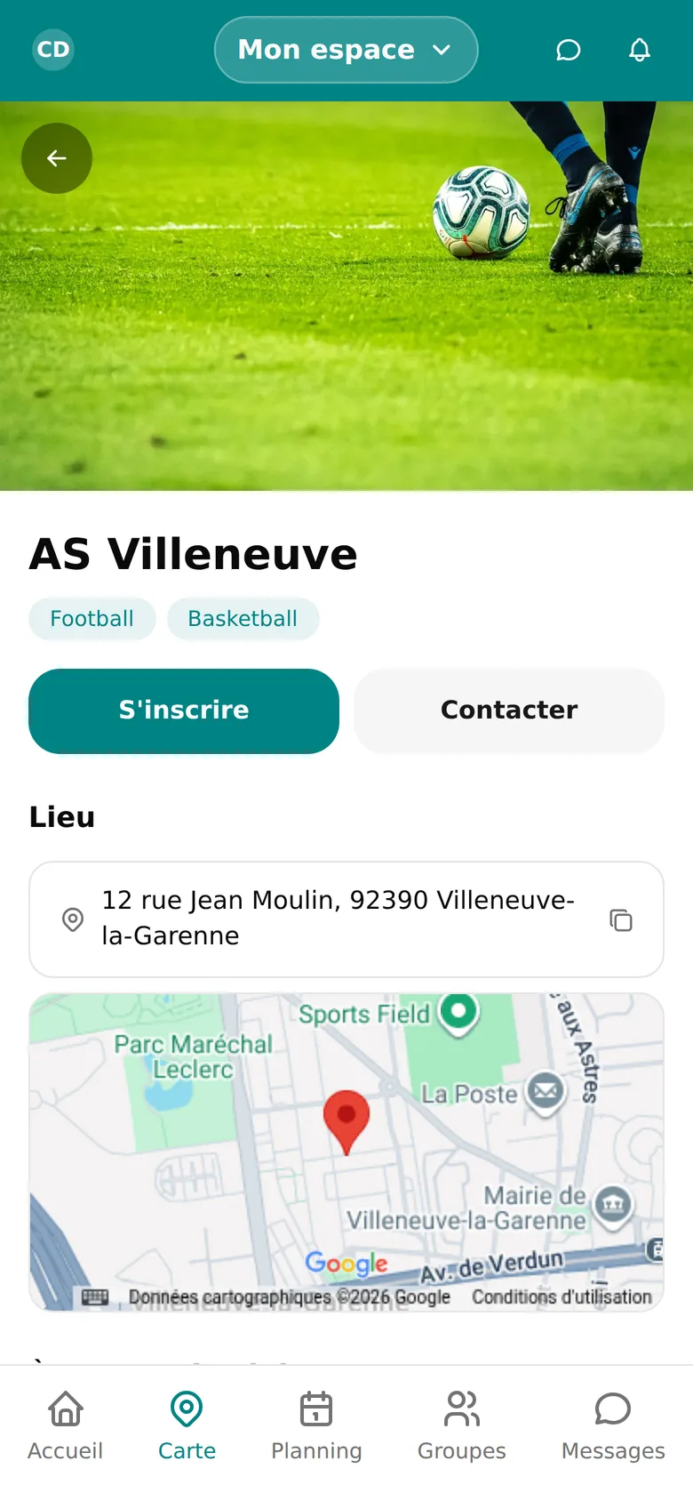 Page publique d'un club dans l'application WeSportive, avec photos, sports et bouton d'inscription