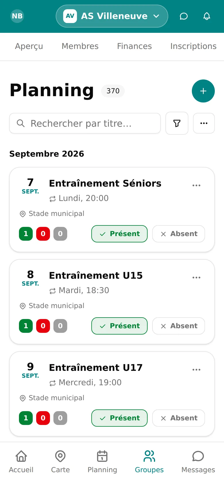 Planning d'un club dans WeSportive avec entraînements récurrents et matchs
