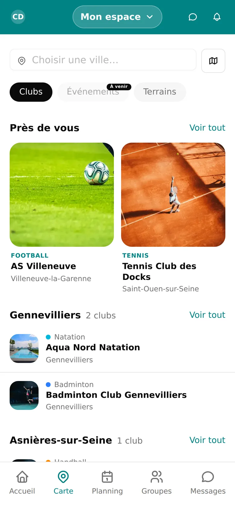 Recherche de clubs sur la carte de l'application WeSportive